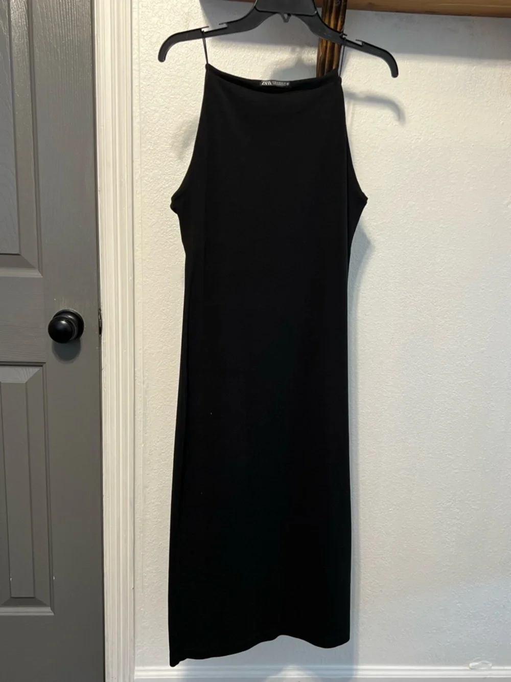 Zara Black Square-Neck Midi Slip Dress with Thin Straps